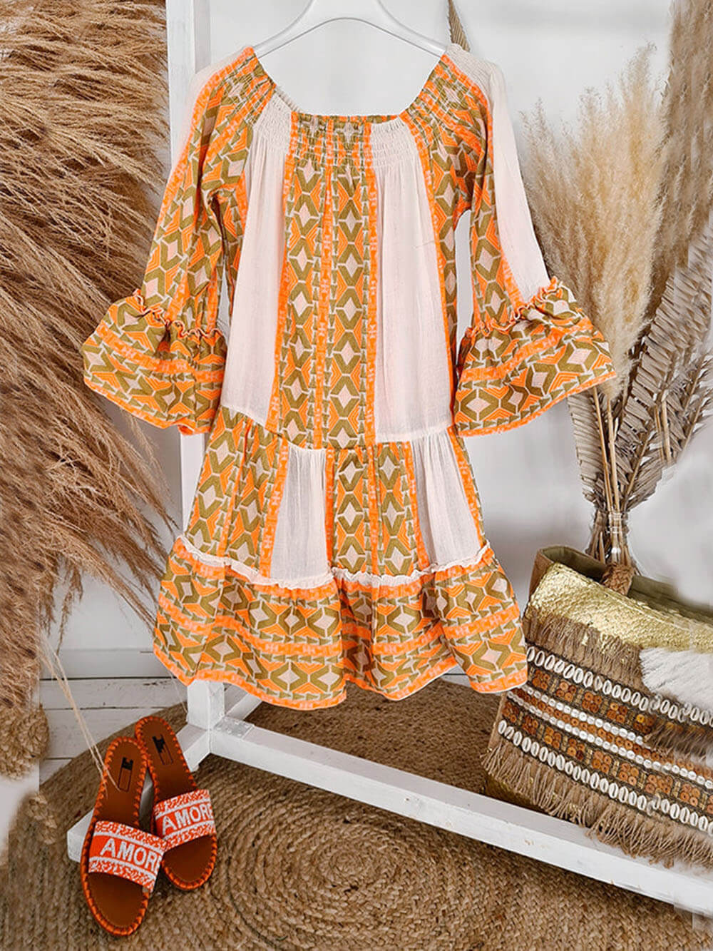 Off-Shoulder Mini Jurk met Etnische Print