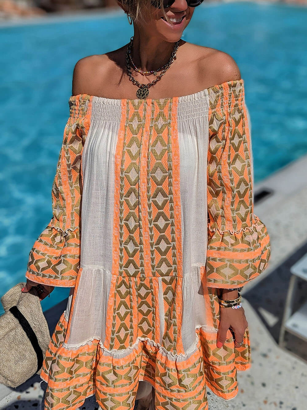 Off-Shoulder Mini Jurk met Etnische Print