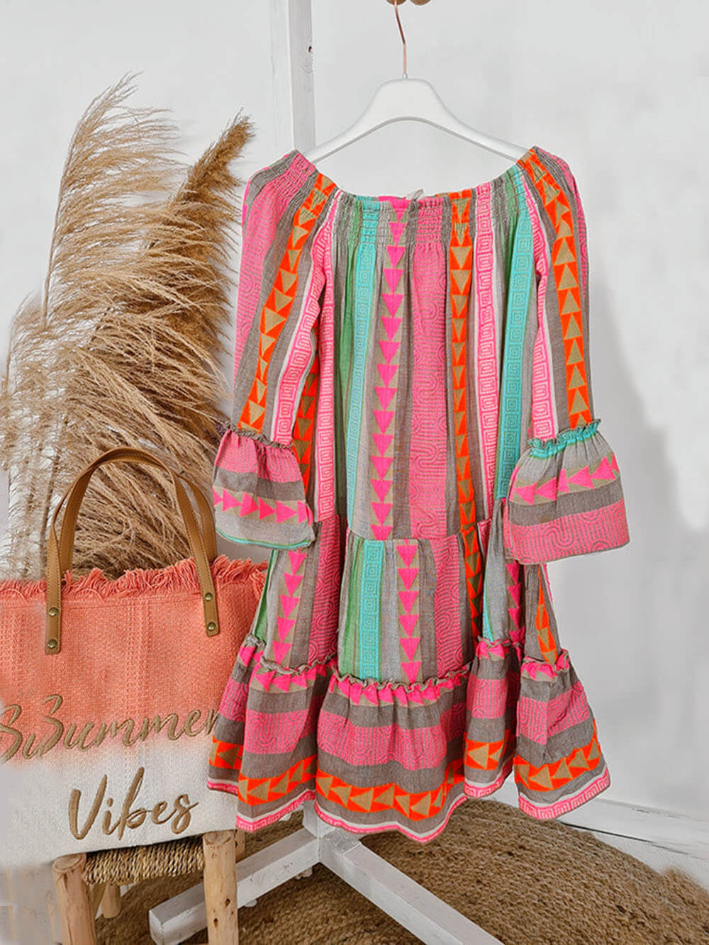 Off-Shoulder Mini Jurk met Etnische Print