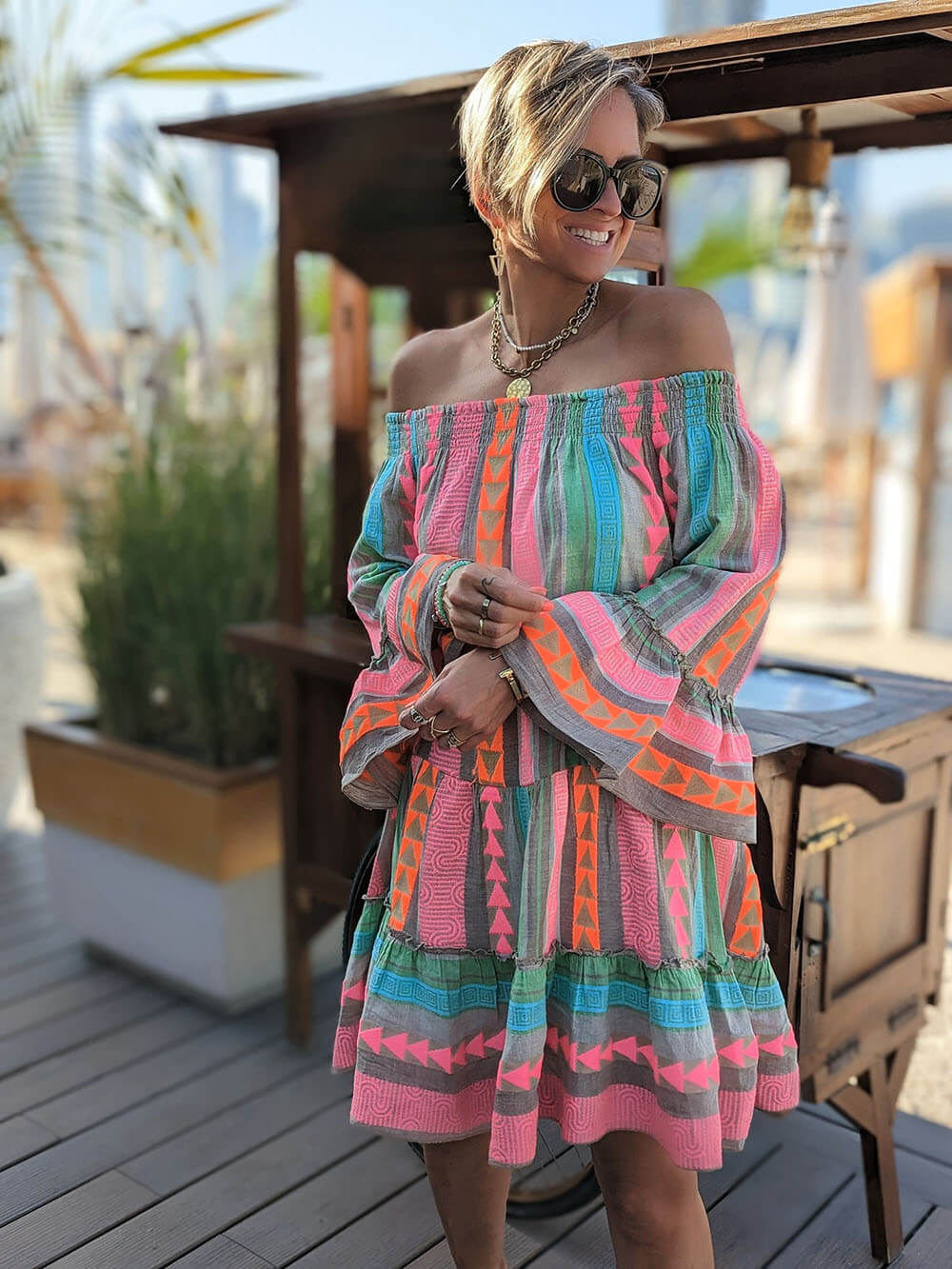 Off-Shoulder Mini Jurk met Etnische Print