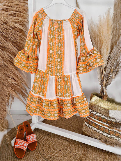 Off-Shoulder Mini Jurk met Etnische Print