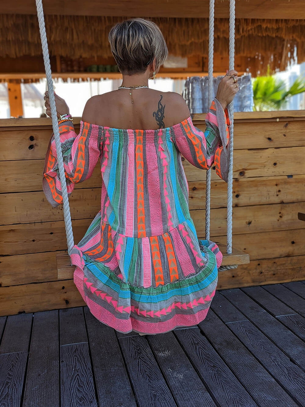 Off-Shoulder Mini Jurk met Etnische Print