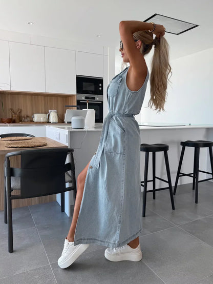 Sanne | Maxi Denim Jurk met Tijdloze Elegantie