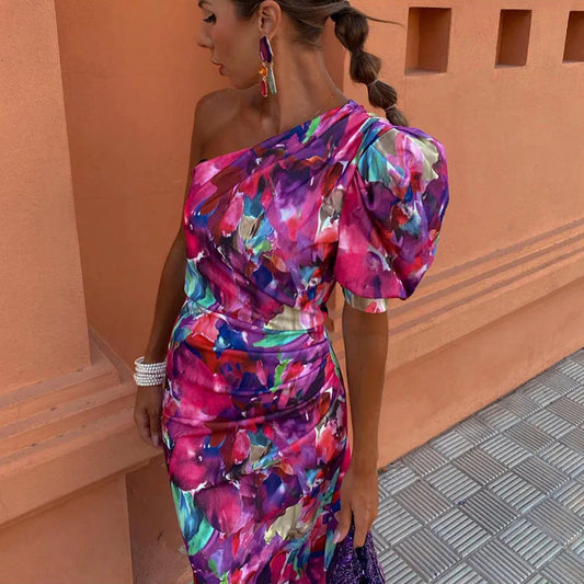 Yllana | Midi Jurk met Één Schouder Lila