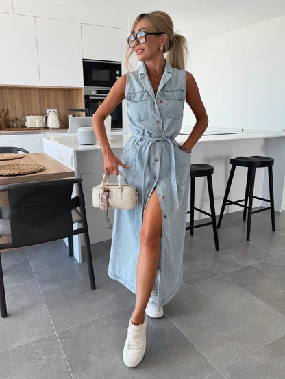 Sanne | Maxi Denim Jurk met Tijdloze Elegantie