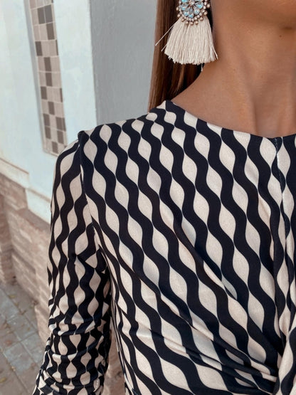 Bianca | Zwarte Midi jurk met Print